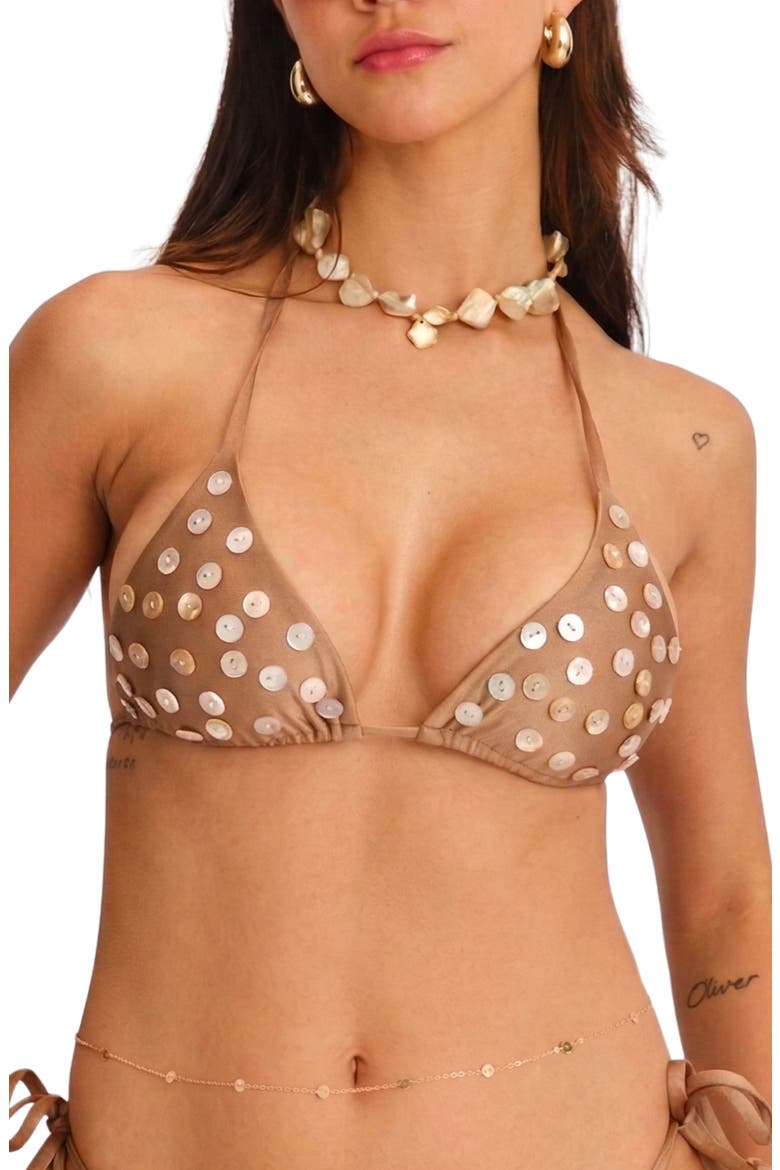 Eve Buttons Triangle Bikini Top, Alternate, color, LIGHT BROWN