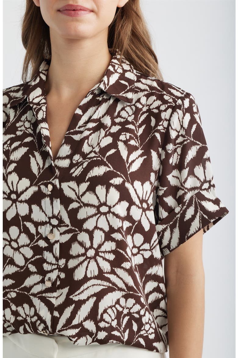 Floral Print Short Sleeve Button-Up Shirt, Alternate, color, DARK CHOCOLATE/ WHITE