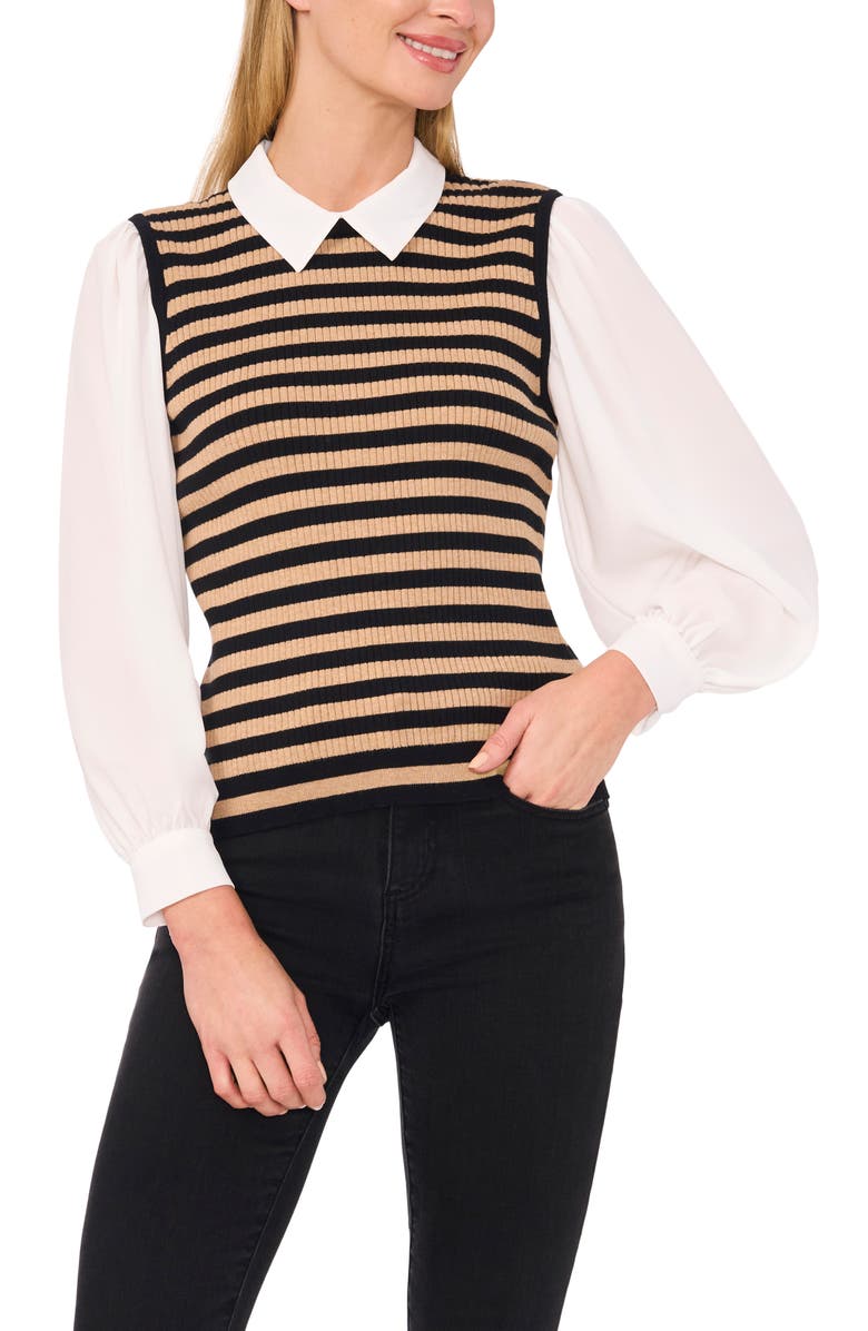 CeCe Stripe Mixed Media Sweater Top, Main, color, 