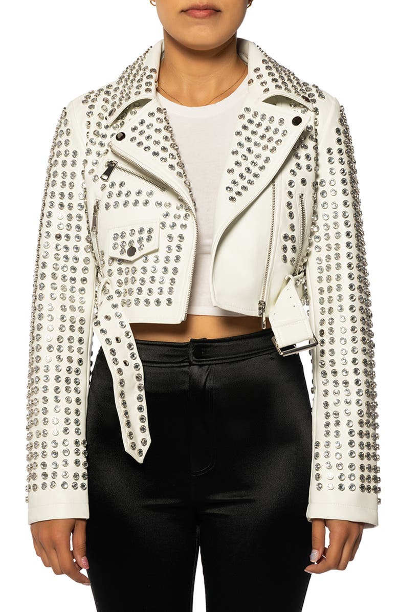 AZALEA WANG Gazette Studded Crop Faux Leather Moto Jacket, Main, color,