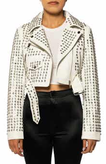 AZALEA WANG Gazette Studded Crop Faux Leather Moto Jacket