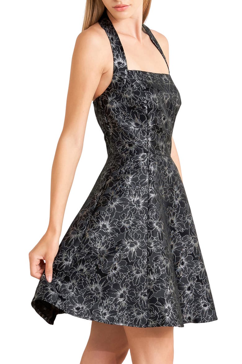 Metallic Print Halter Fit & Flare Minidress, Alternate, color, BLACK/ SILVER