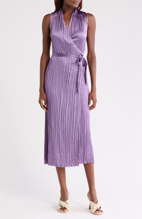 Sleeveless Pleated Satin Wrap Dress