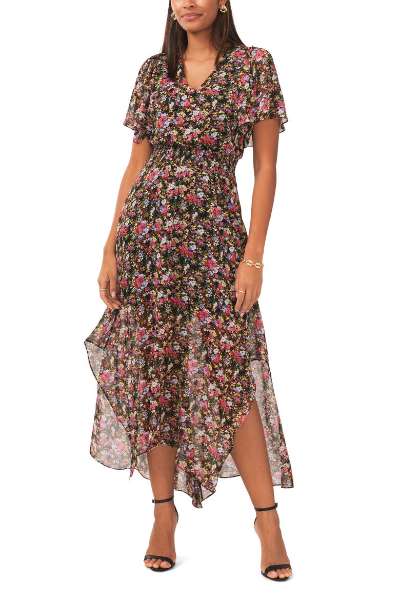 Floral Print Flutter Sleeve Maxi Dress, Main, color, FUCHSIA/ PURPLE/ GOLD