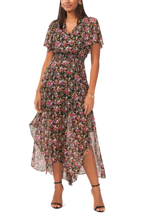 Floral Print Flutter Sleeve Maxi Dress