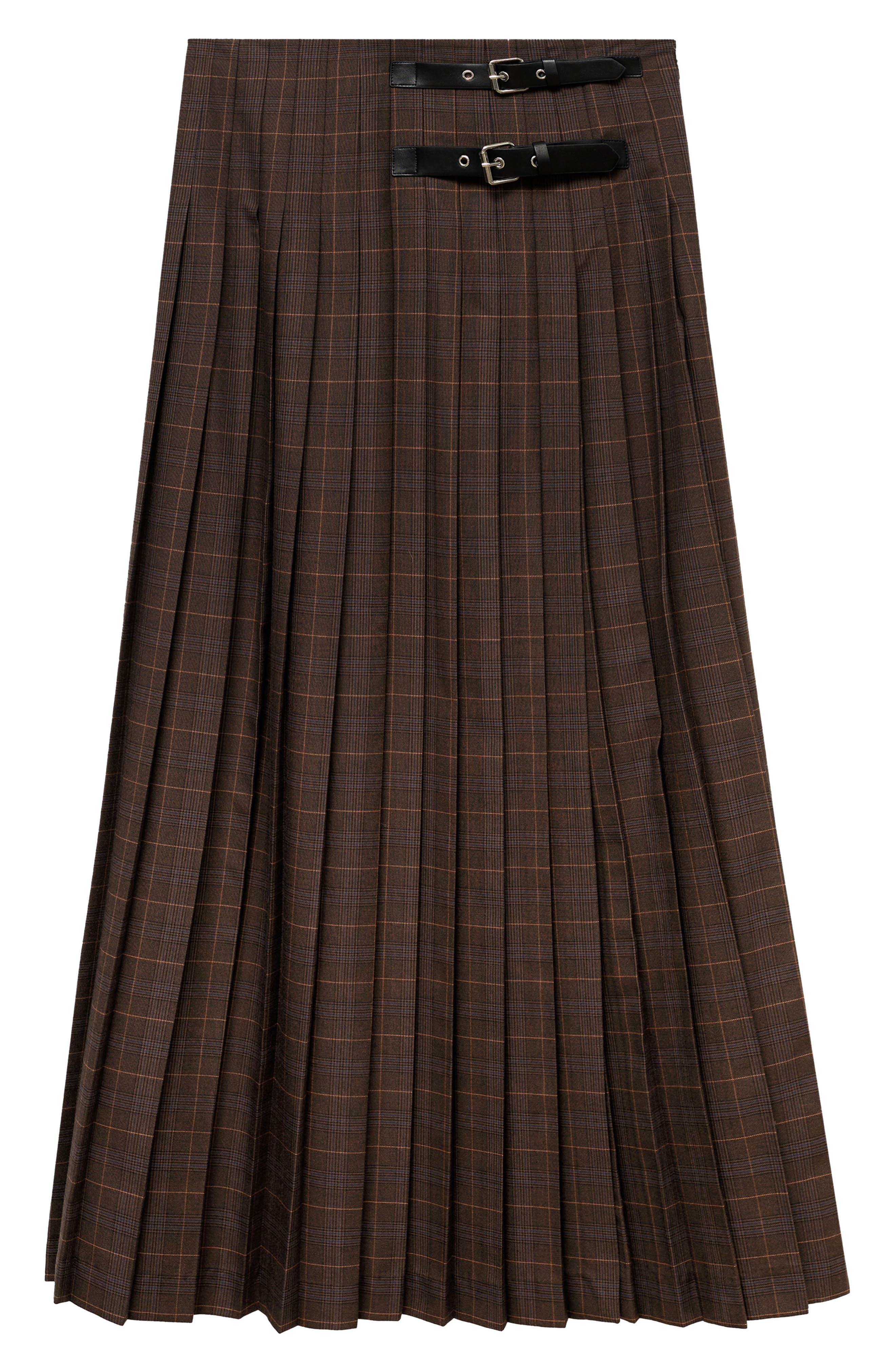 Check Pleated Midi Skirt
