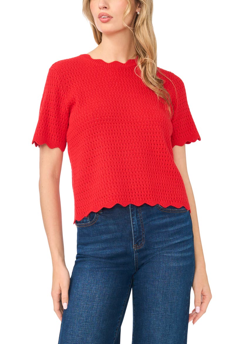 Pointelle Knit Scallop Trim Sweater, Main, color, CRUSHED RED
