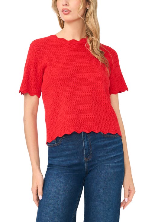 Pointelle Knit Scallop Trim Sweater