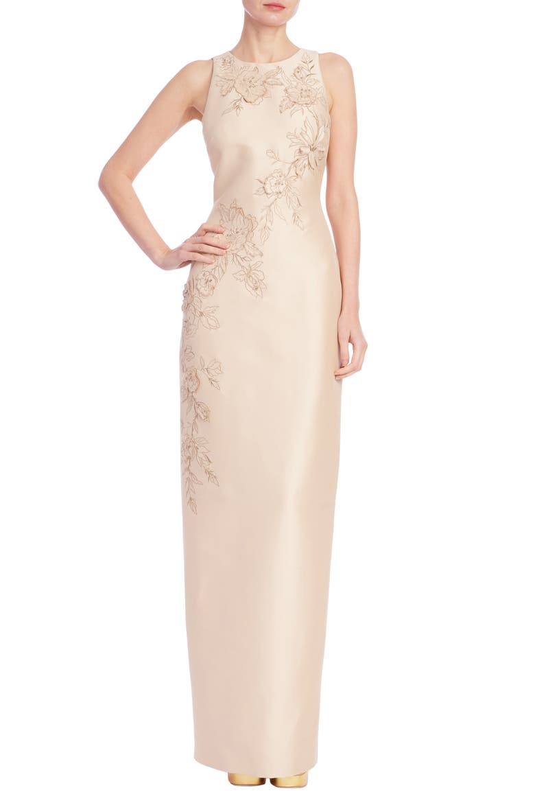 Floral Embroidered Column Gown, Main, color, CHAMPAGNE