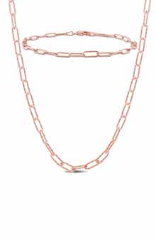 DELMAR 3mm Paperclip Textured Link Chain Necklace & Anklet Set