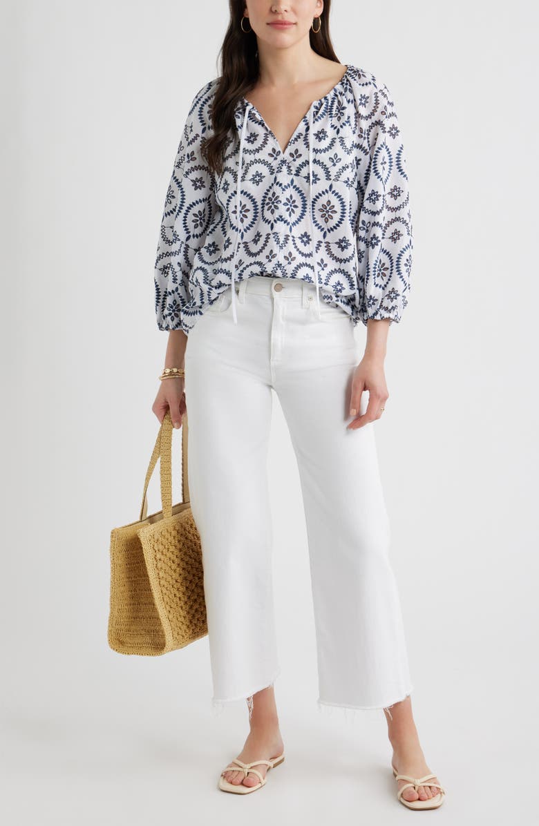Caslon<sup>®</sup> Embroidered Eyelet Lace Top, Alternate, color, White- Blue Embroidery