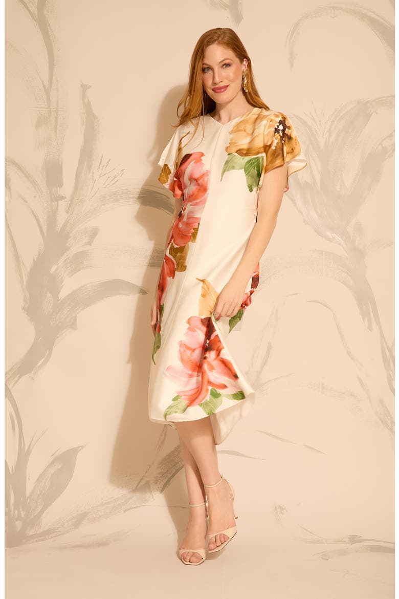 Floral Print Flutter Sleeve Midi Dress, Alternate, color, IVORY/ PERSIMMON