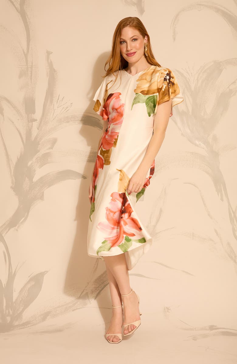 Maggy London Floral Print Flutter Sleeve Midi Dress, Alternate, color, Ivory/ Persimmon