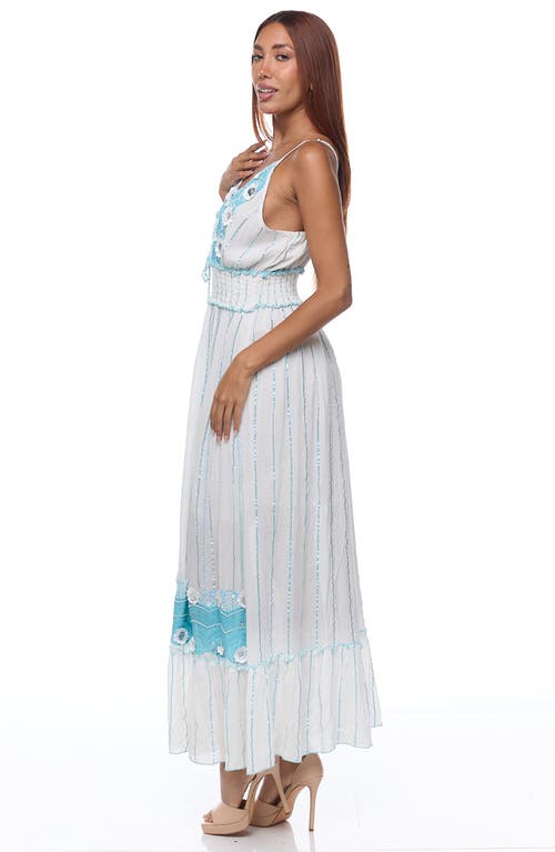 Ranee's Ranees Embellished Cotton Cover-up Maxi Dress In White/blue