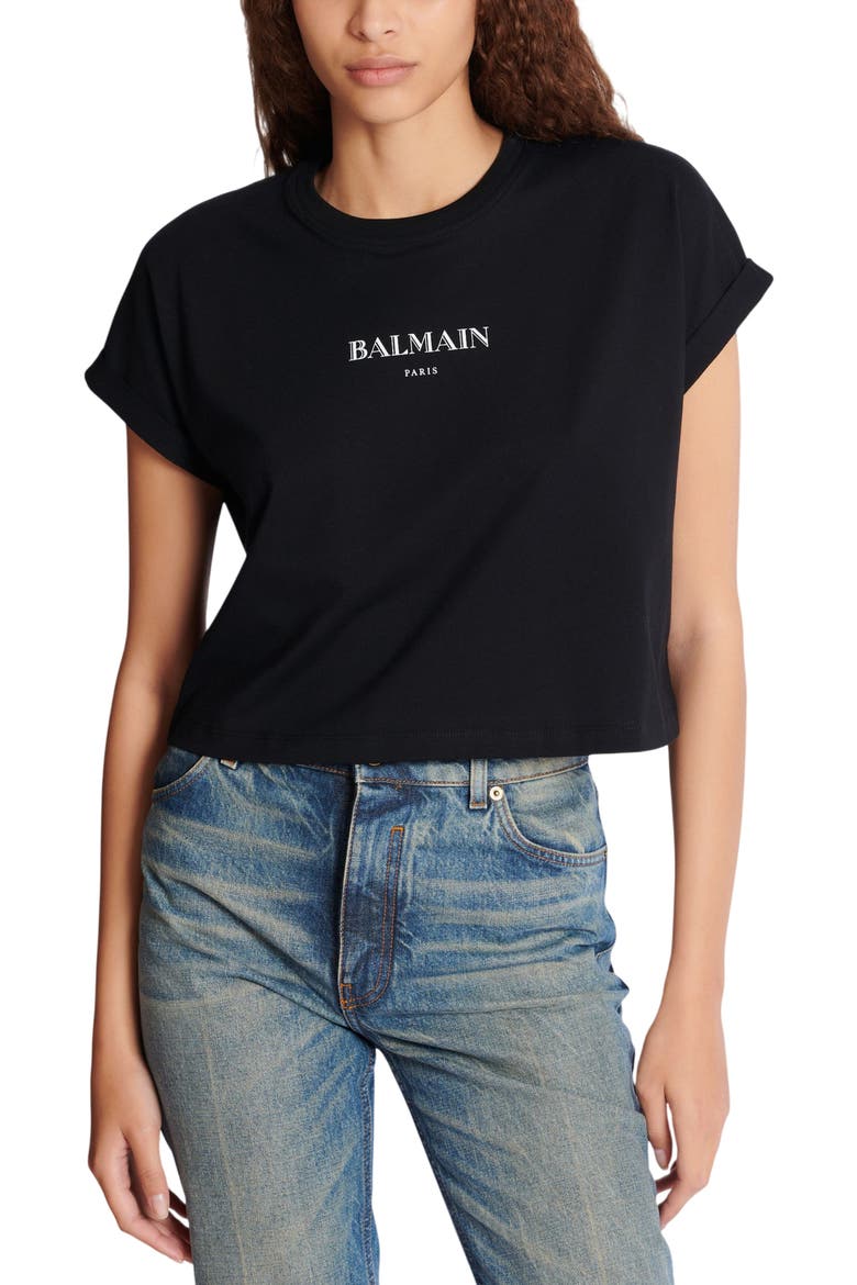 Cropped T-Shirt with Balmain Print, Alternate, color, black