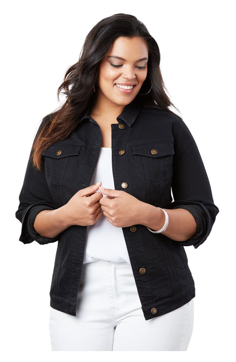 Roaman's Plus Size Classic Stretch Denim Jacket, Main, color, Black