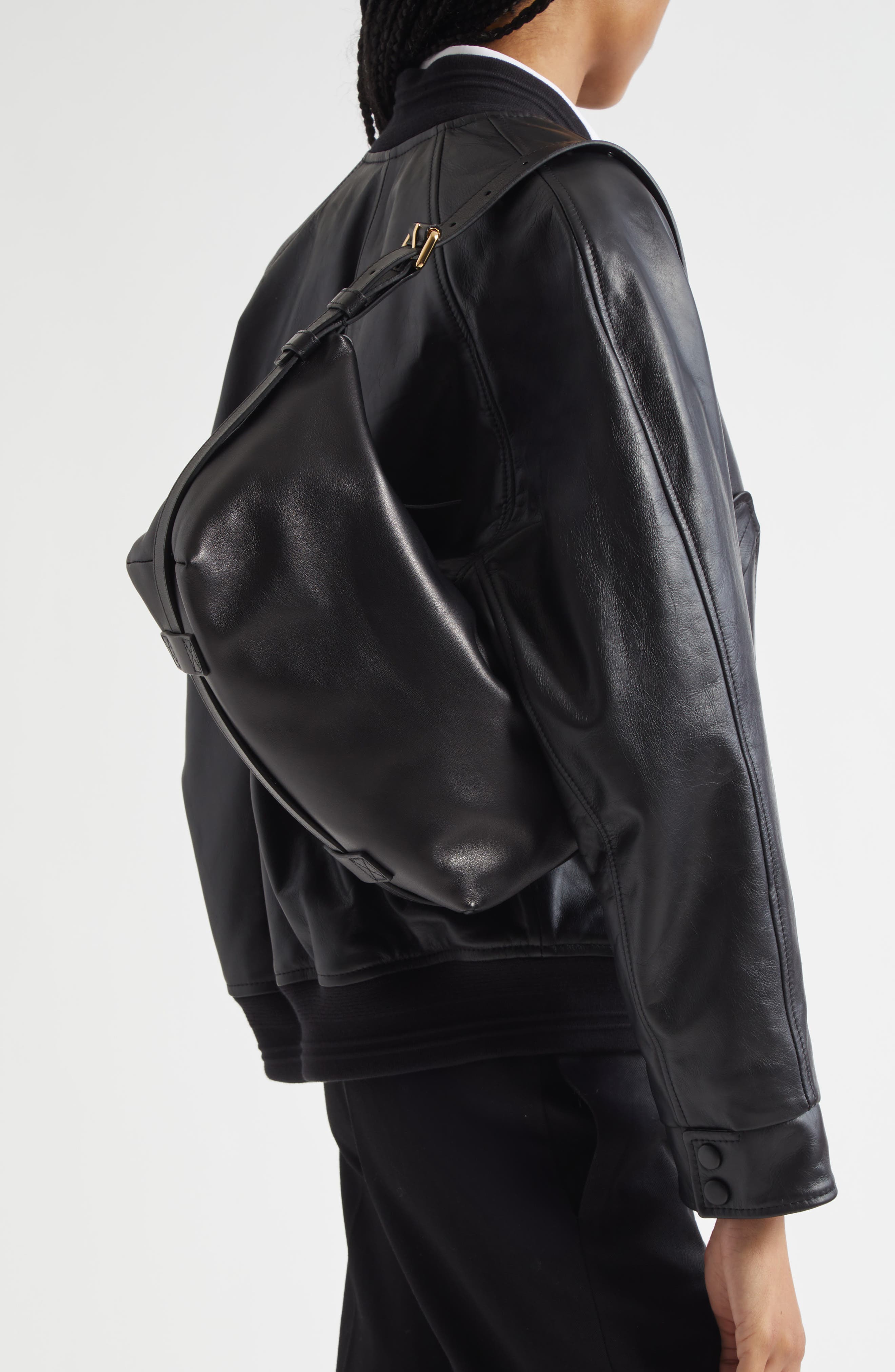 Moschino Tie Me Leather Shoulder Bag, Alternate, color, Black