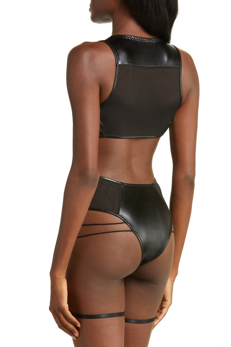 Strappy Faux Leather & Mesh Bralette, Alternate, color, BLACK