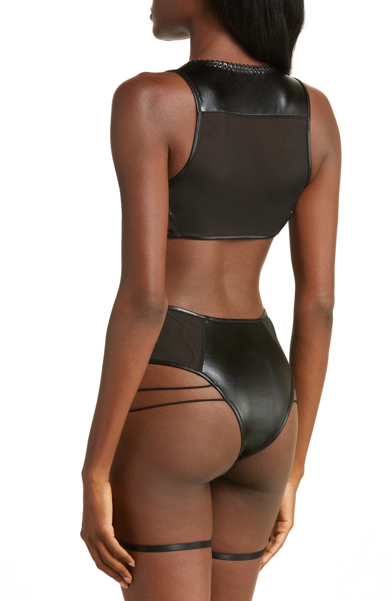 Hauty Strappy Faux Leather & Mesh Bralette, Alternate, color, Black