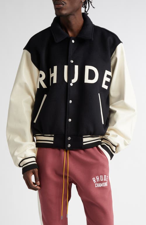 Rhude Collegiate Mixed Media Varsity Jacket in Black/Cream 