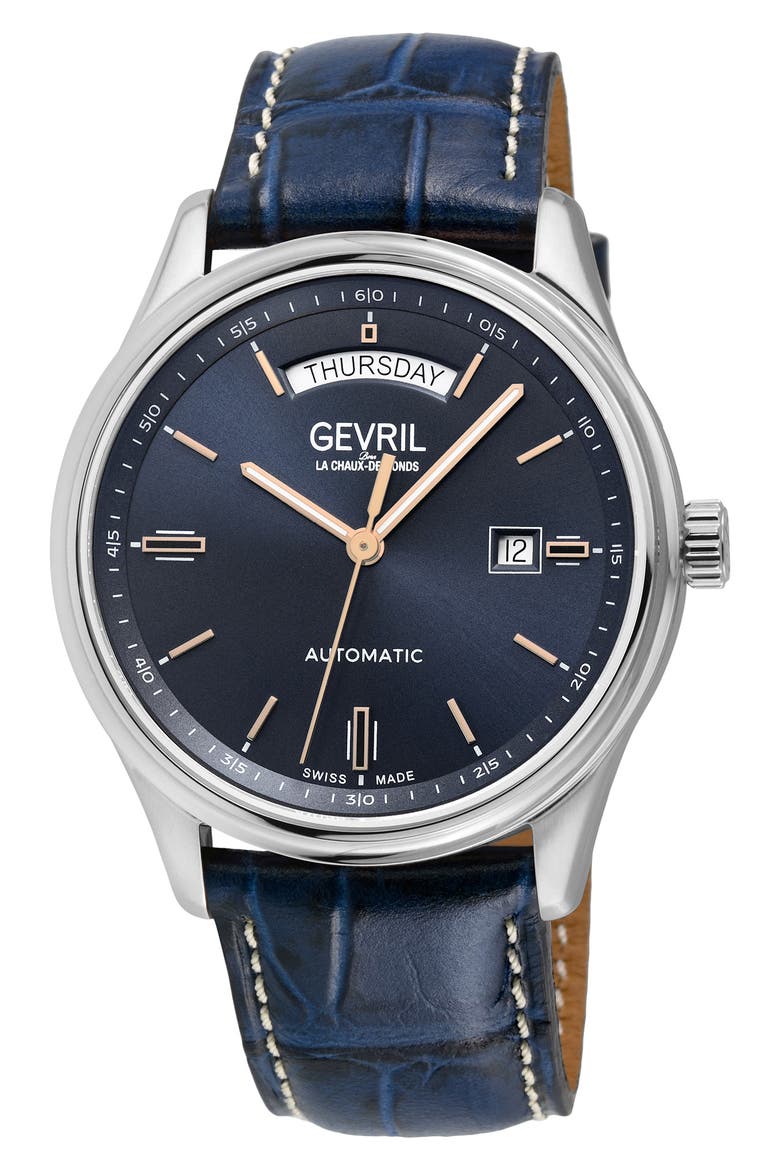 Excelsior Croc Embossed Leather Strap Watch, 42mm, Main, color, BLUE