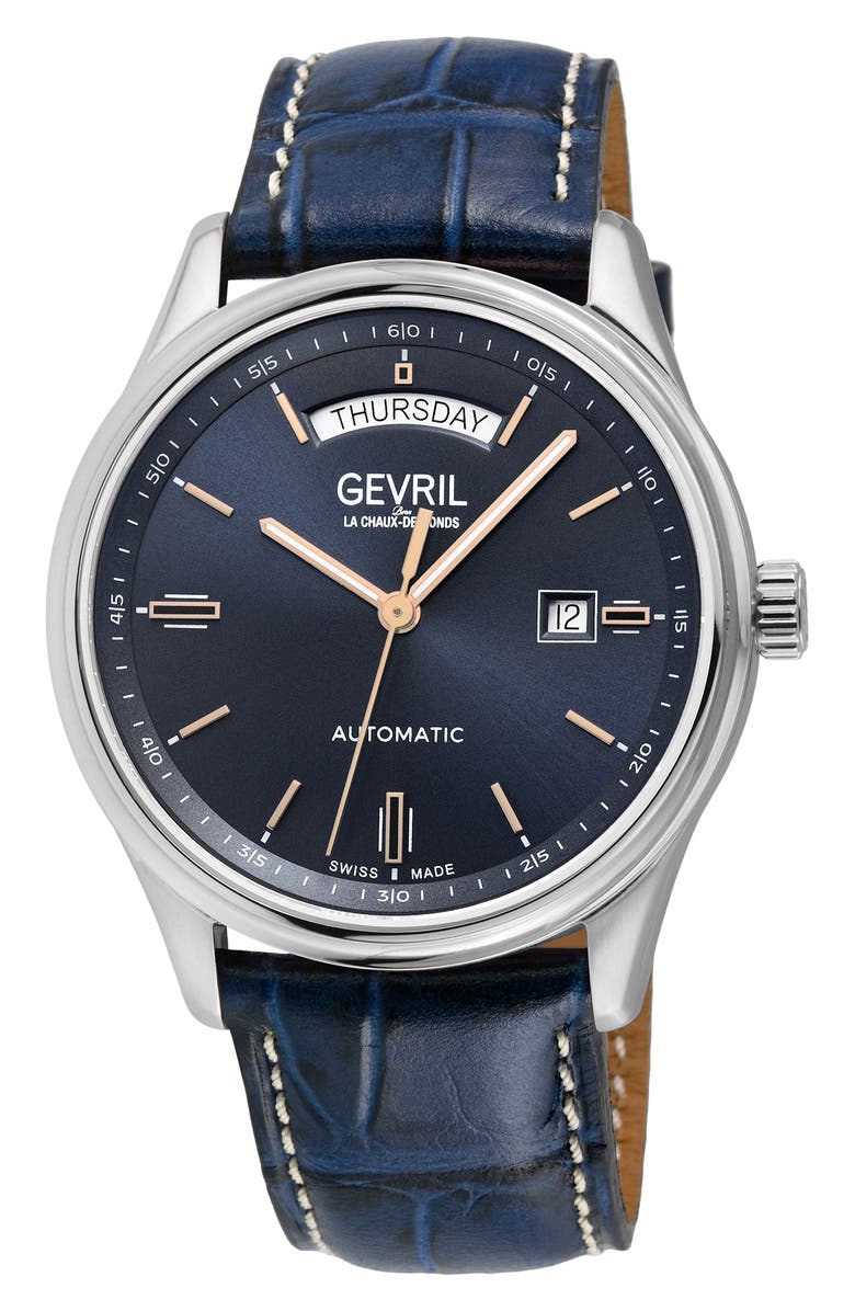 GEVRIL Excelsior Croc Embossed Leather Strap Watch, 42mm, Main, color, Blue