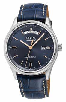 GEVRIL Excelsior Croc Embossed Leather Strap Watch, 42mm