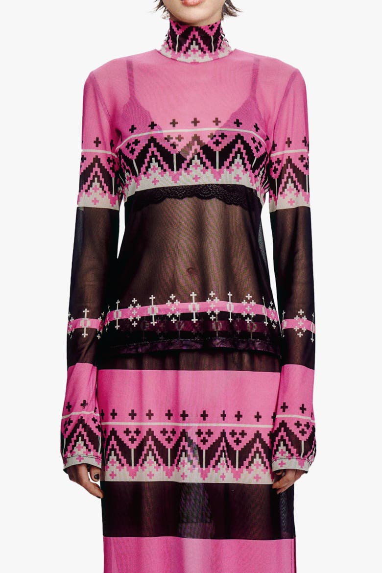 Fair Isle Mesh Turtleneck, Main, color, Azalea Multi