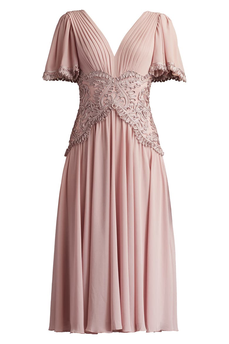 Scroll Detail Flutter Sleeve Cocktail Midi Dress, Alternate, color, PEBBLE