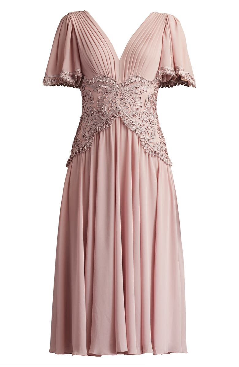 Tadashi Shoji Scroll Detail Flutter Sleeve Cocktail Midi Dress, Alternate, color, Pebble