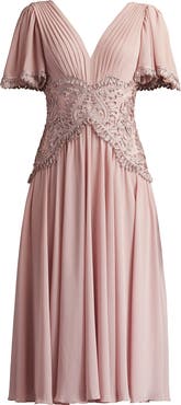 Tadashi Shoji Scroll Detail Flutter Sleeve Cocktail Midi Dress