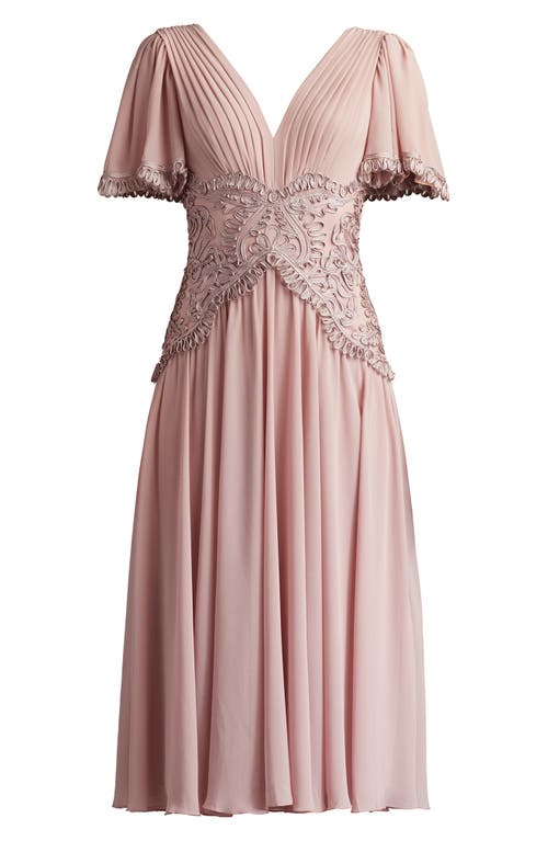 Tadashi Shoji Scroll Detail Flutter Sleeve Cocktail Midi Dress In Neutral