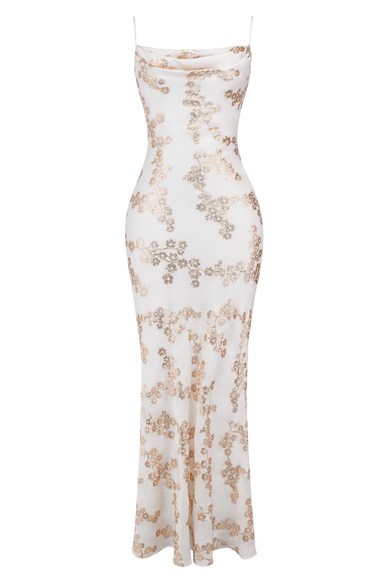 Caprina Embroidered Floral Trumpet Gown, Alternate, color, WHITE GOLD