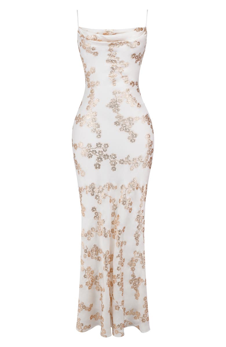 HOUSE OF CB Caprina Embroidered Floral Trumpet Gown, Alternate, color, White Gold