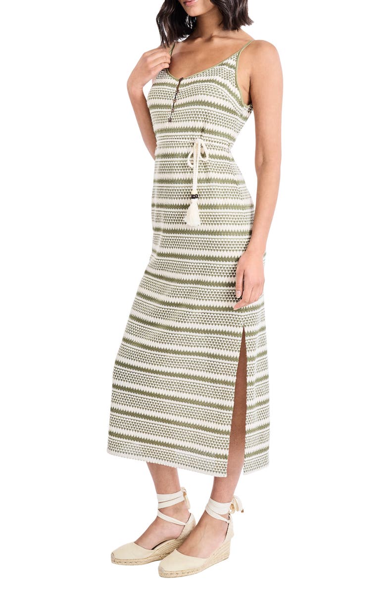 The Good Journey Geometric Stitch Tie Waist Sweater Dress, Alternate, color, Olive/ Cream