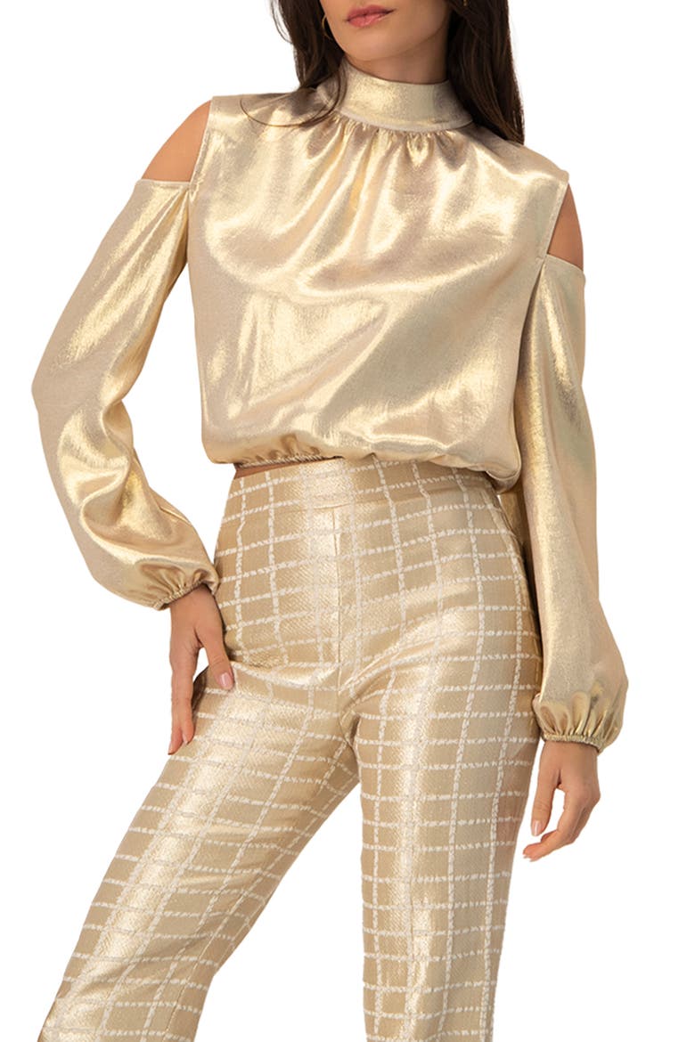 Cold-Shoulder Blouse with Back Bow, Alternate, color, Gold