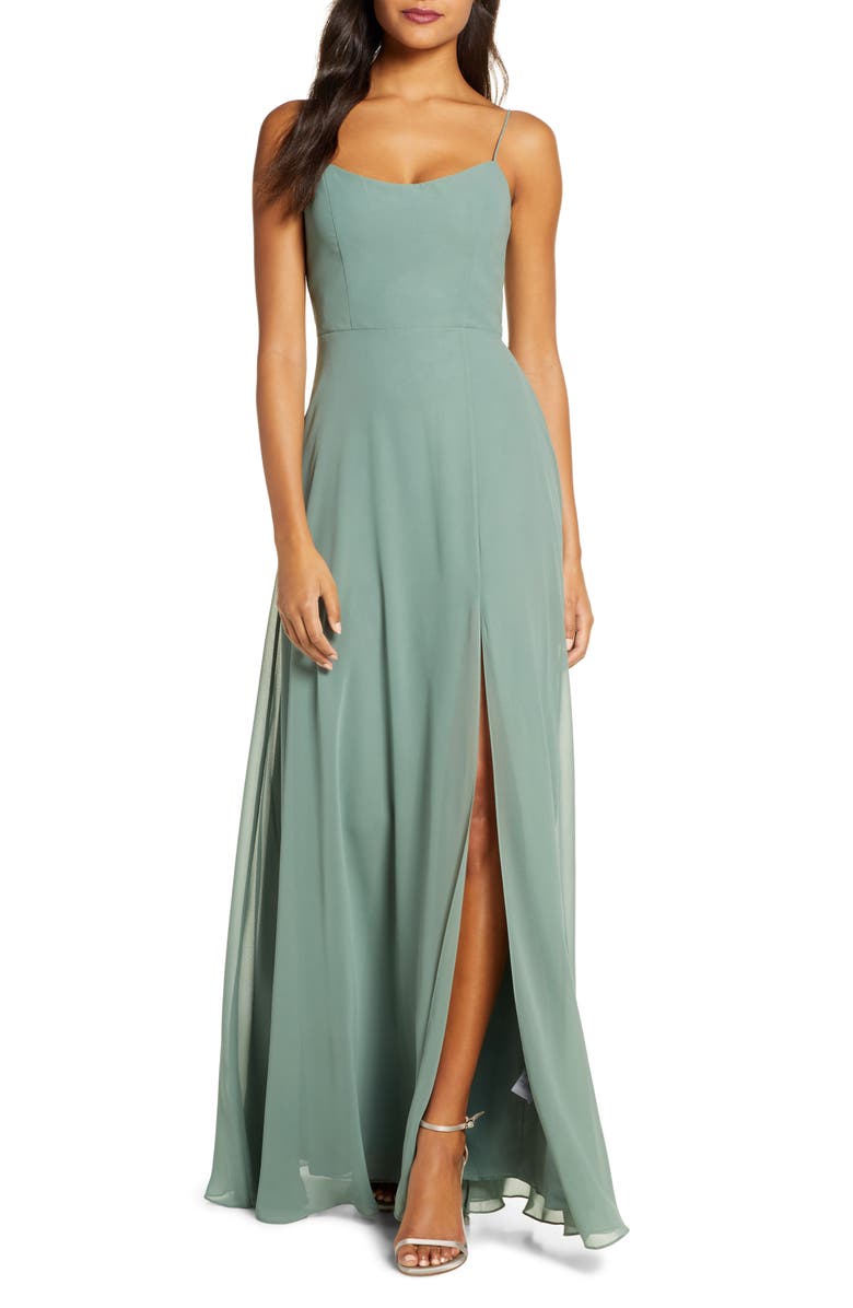 Jenny Yoo Kiara Tie Back Chiffon A-Line Gown, Main, color,