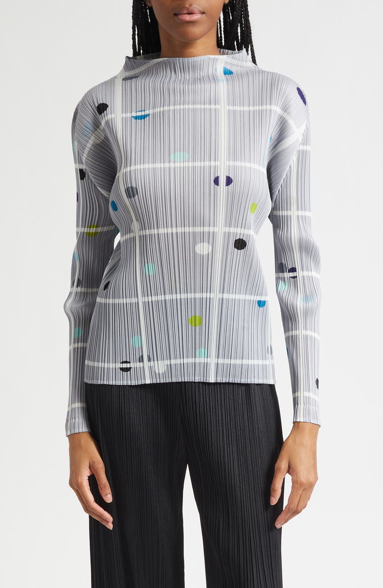Pleats Please Issey Miyake Crossing Dots Pleated Funnel Neck Top, Main, color, Light Gray