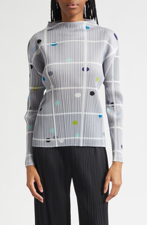 Crossing Dots Pleated Funnel Neck Top