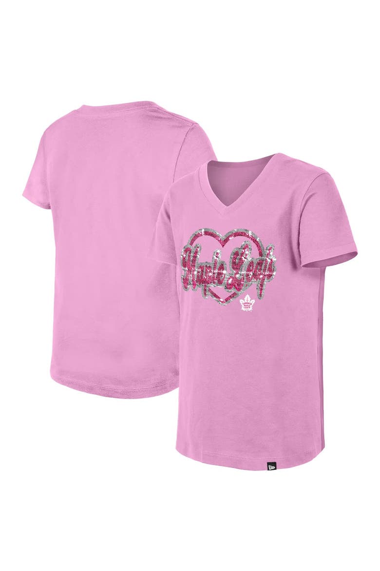 Girl's Youth New Era  Pink Toronto Maple Leafs Flip Sequin V-Neck T-Shirt, Alternate, color, Pink