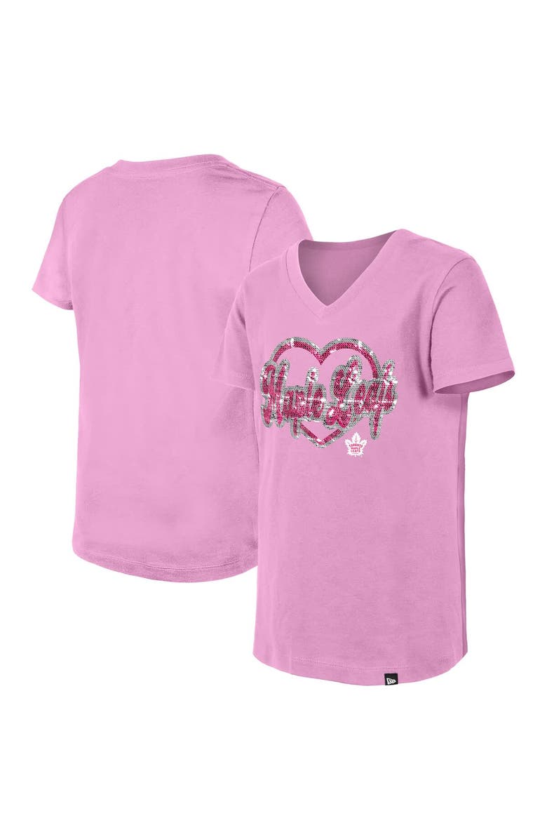 New Era Girl's Youth New Era  Pink Toronto Maple Leafs Flip Sequin V-Neck T-Shirt, Alternate, color, Pink