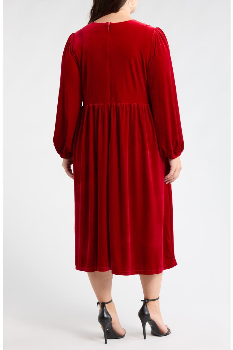 Jena Glow Bow Long Sleeve Velvet Midi Dress, Alternate, color, RED