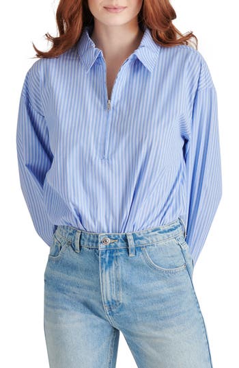 Steve Madden Alma Pinstripe Long Sleeve Bodysuit In Blue