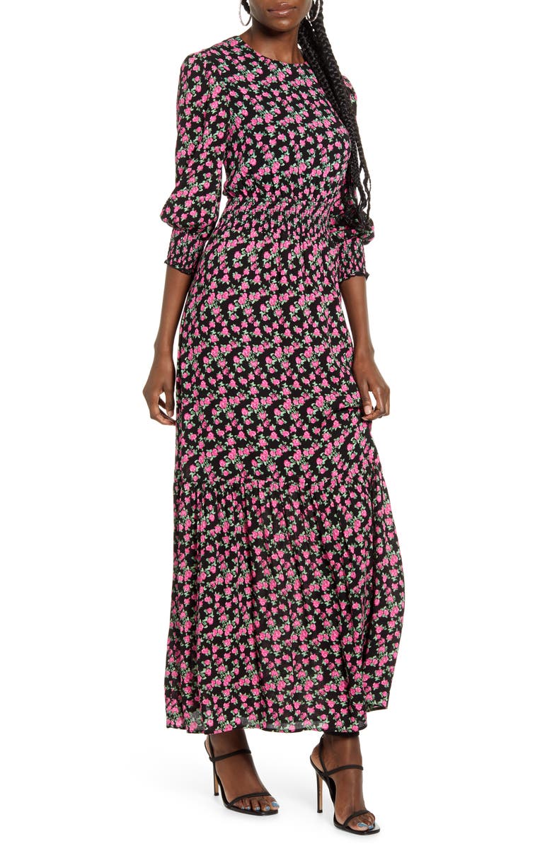 WAYF Floral Print Smocked Waist Maxi Dress, Main, color, 