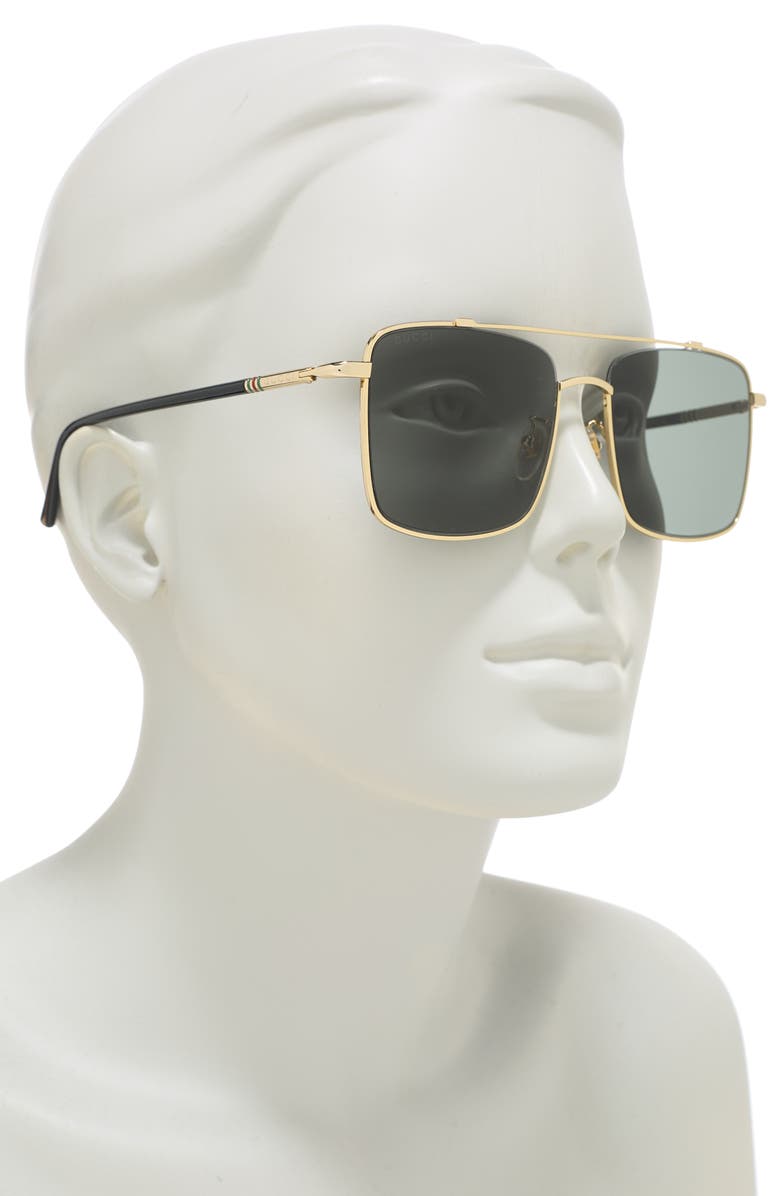 Gucci 56mm Rectangle Metal Frame Sunglasses, Alternate, color, Gold Black Grey