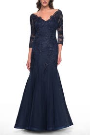La Femme Mermaid Tulle and Lace Dress with Scallop Detailed Neckline