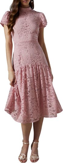 High Neck Blush Pink Lace Midi Dress Coast Lace Frill Sleeve High