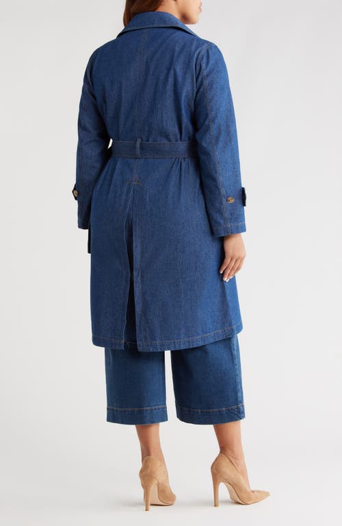 Anne Klein Chambray Double Breasted Belted Trench Coat In Blue