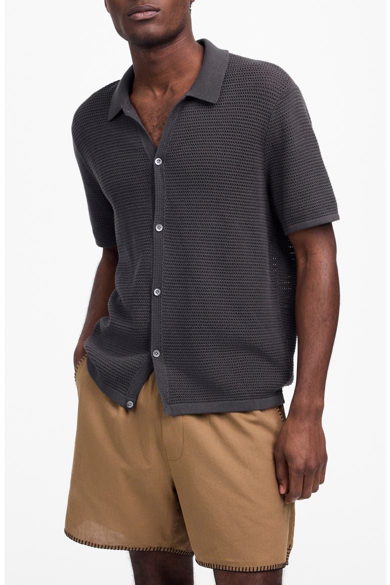 Short Sleeve Open Stitch Cotton Button-Up Shirt, Main, color, SOFT CHARCOAL