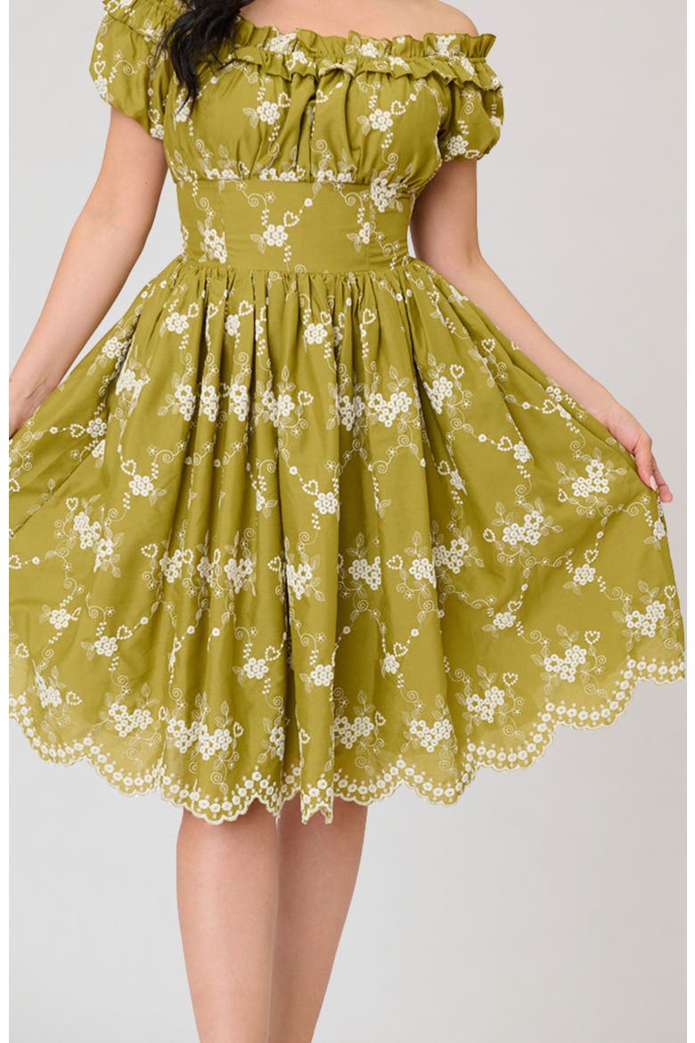 1950s Off The Shoulder Ruffle Swing Dress, Alternate, color, Green w/ Floral Print